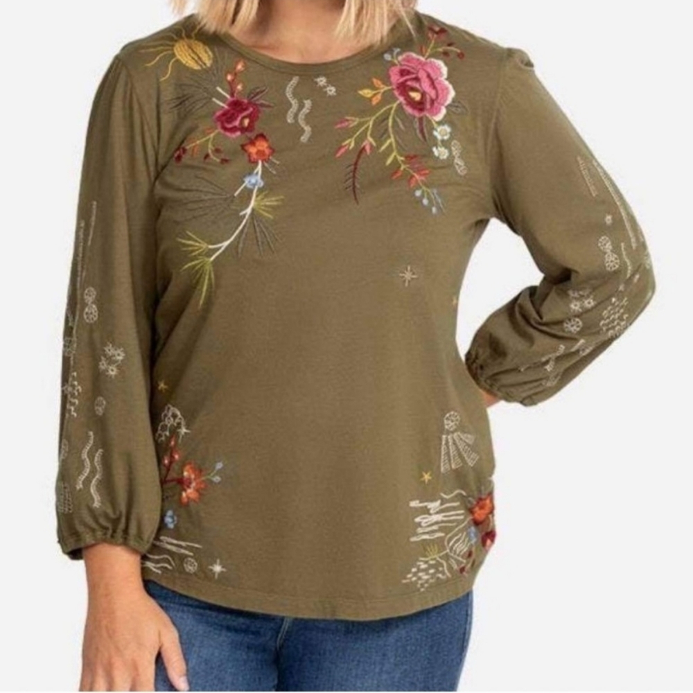 Johnny Was Keone Embroidered Puff Sleeve Tee